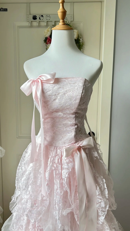 Sweet 16 Dress Ideas High Low Strapless Pink Tulle Lace With Bow-knot Ball Gown Sweet Sixteen Birthday Dresses RC0727