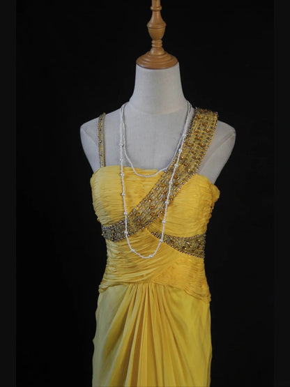 Retro 1950s Mermaid Irregular Straps Yellow Chiffon With Beads Ruffled Long Prom Dresses Inspo 21st Birthday Outfit Formal Gown AS405