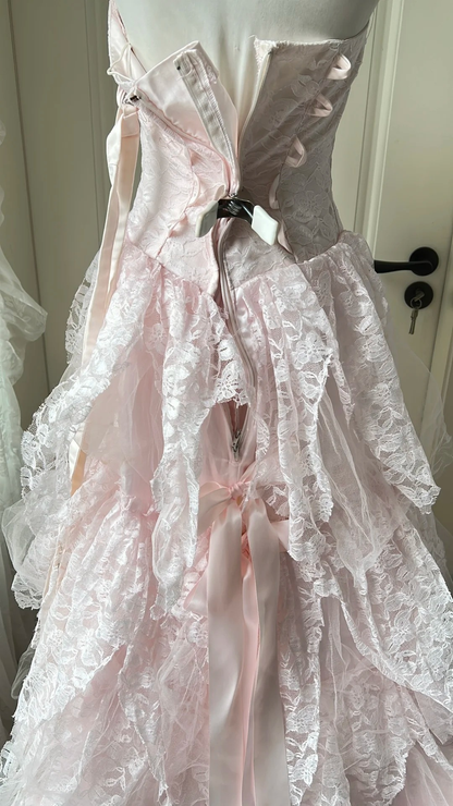 Sweet 16 Dress Ideas High Low Strapless Pink Tulle Lace With Bow-knot Ball Gown Sweet Sixteen Birthday Dresses RC0727