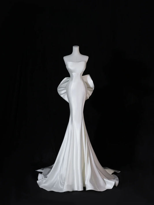 Modest Long Wedding Dresses Mermaid Strapless Satin Style for Bride With Bow-knot Bodice Train Bridal Dresses AS405