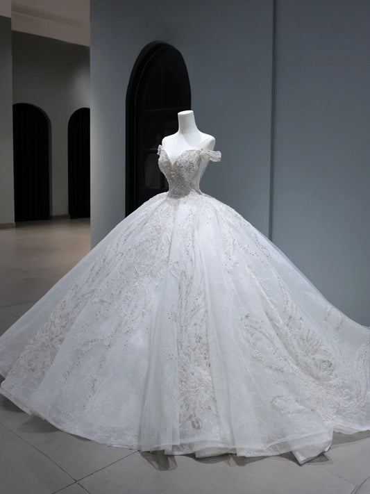 Princess Long Wedding Gowns Ball Gown Off The Shoulder Style for Bride With Pleated Cap Sleeves Train White Bridal Dress AS406