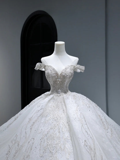 Princess Long Wedding Gowns Ball Gown Off The Shoulder Style for Bride With Pleated Cap Sleeves Train White Bridal Dress AS406