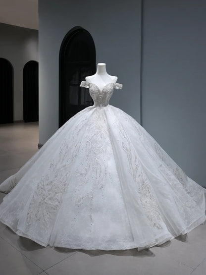 Princess Long Wedding Gowns Ball Gown Off The Shoulder Style for Bride With Pleated Cap Sleeves Train White Bridal Dress AS406