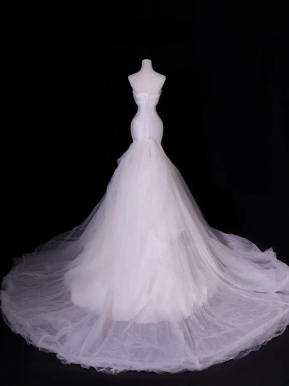 Modest Long Wedding Dresses Mermaid Strapless Silky Satin Style for Bride With Pleated Bodice Train Bridal Dresses AS407
