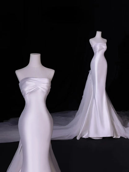 Modest Long Wedding Dresses Mermaid Strapless Silky Satin Style for Bride With Pleated Bodice Train Bridal Dresses AS407