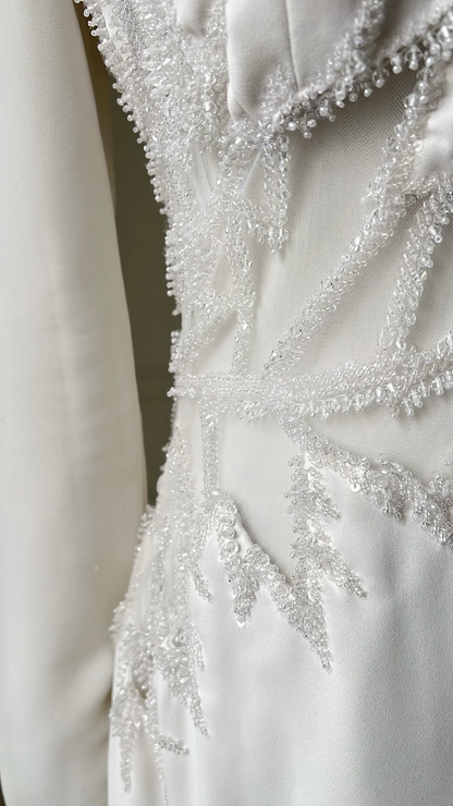 Simple Wedding Dress Mermaid V Neck White With Long Sleeves Beading Bridal Gown RC0730
