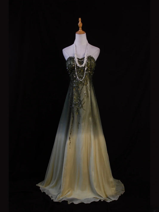 Vintage A line Sweetheart Green Chiffon 1950s With Beads Bodice Long Prom Dresses Inspo Birthday Outfit Party Gown AS409