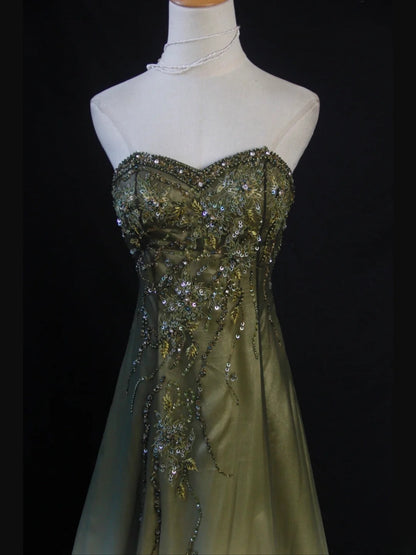 Vintage A line Sweetheart Green Chiffon 1950s With Beads Bodice Long Prom Dresses Inspo Birthday Outfit Party Gown AS409