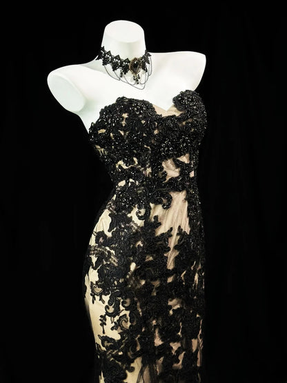 Vintage Prom Dresses Mermaid Sweetheart Black Lace Tulle 1950s Retro Classy Party Formal Outfits RB6225