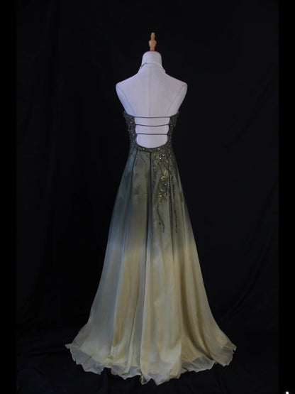 Vintage A line Sweetheart Green Chiffon 1950s With Beads Bodice Long Prom Dresses Inspo Birthday Outfit Party Gown AS409