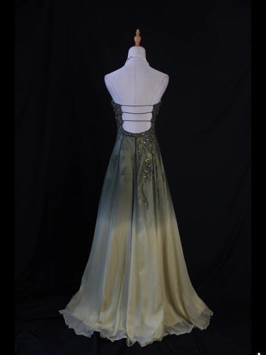 Vintage A line Sweetheart Green Chiffon 1950s With Beads Bodice Long Prom Dresses Inspo Birthday Outfit Party Gown AS409