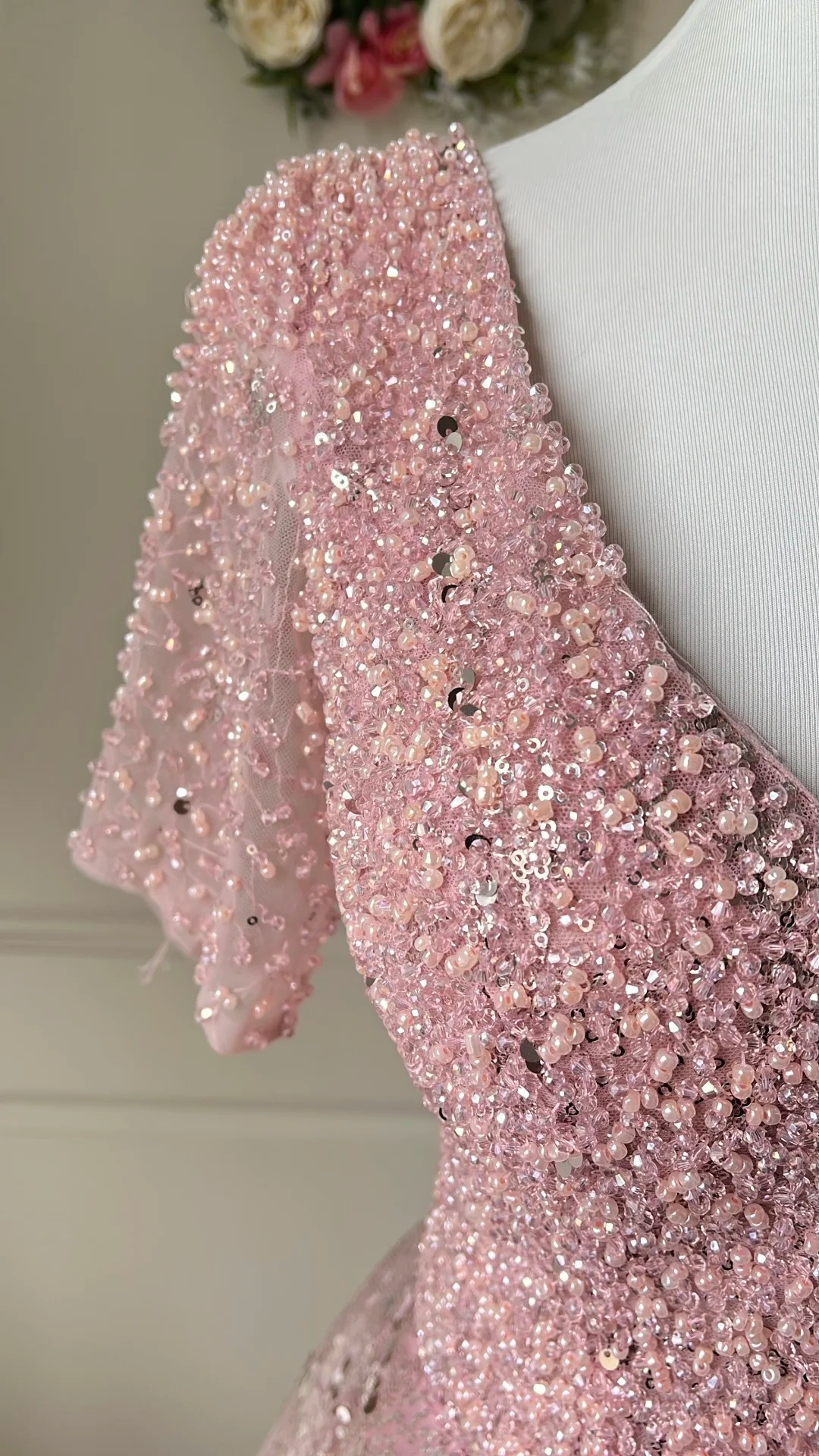 Modest Prom Dresses Ball Gown V Neck Short Sleeves Pink With Beading Long Evening Outfits RC0731
