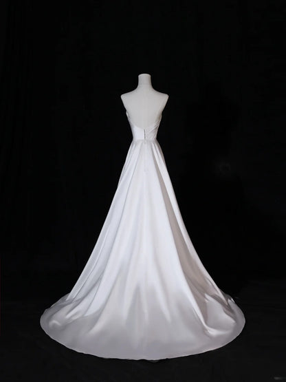 Simple Long Wedding Dresses A Line Strapless Silky Satin Style for Bride With Pleated Bodice Train White Fitted Bridal Dresses AS410