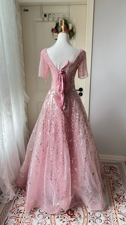 Modest Prom Dresses Ball Gown V Neck Short Sleeves Pink With Beading Long Evening Outfits RC0731