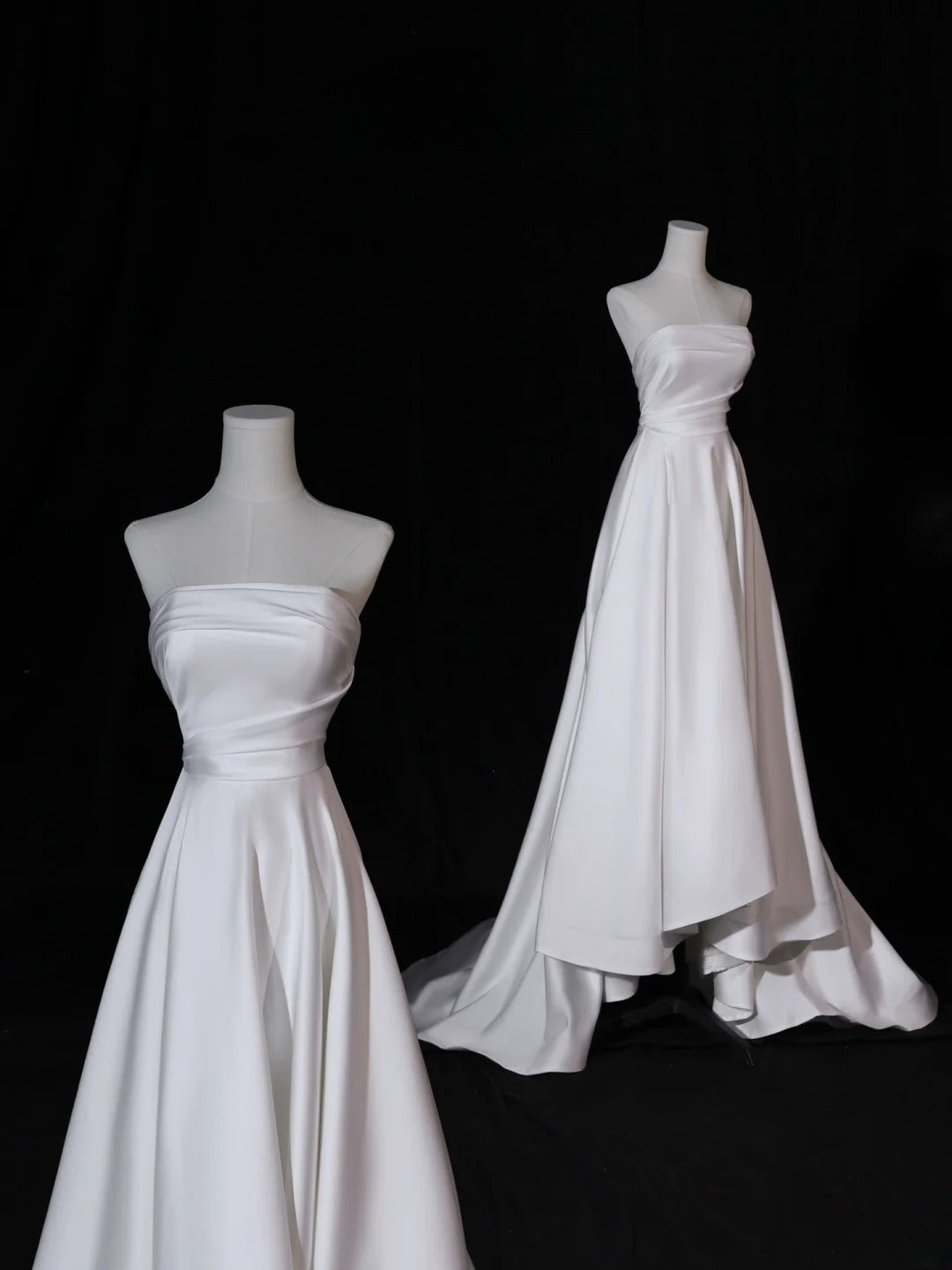 Simple Long Wedding Dresses A Line Strapless Silky Satin Style for Bride With Pleated Bodice Train White Fitted Bridal Dresses AS410