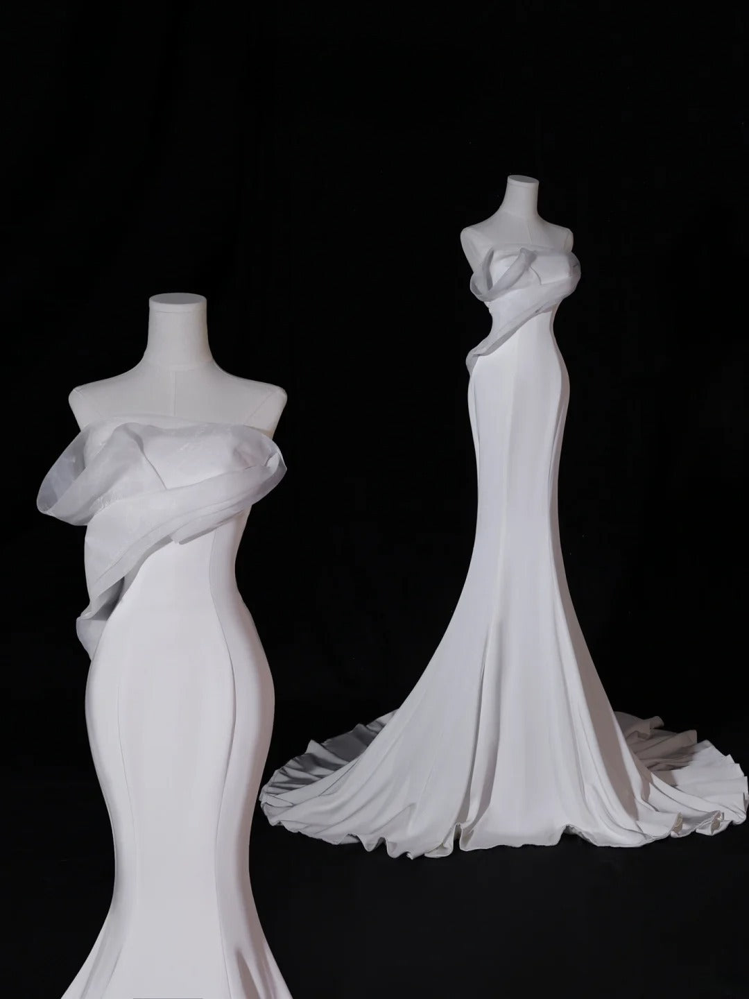 Classic Long Wedding Gowns Mermaid Strapless Style for Bride With Pleated Bodice Train White Bridal Dress AS411