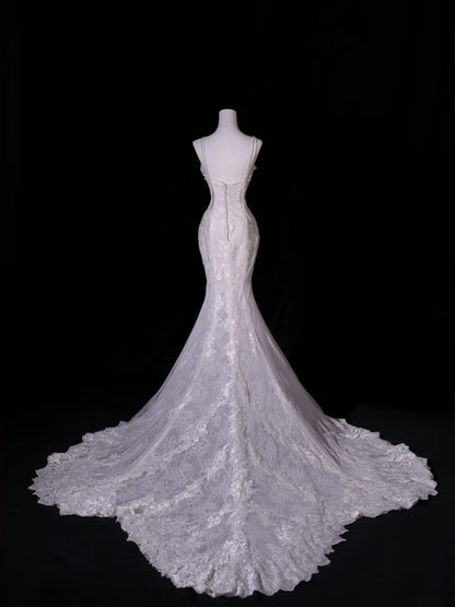 Classic Mermaid Spaghetti Strap Lace Tulle Wedding Gown Style for Bride With Fitted Petite Plus Size Bridal Dress AS412