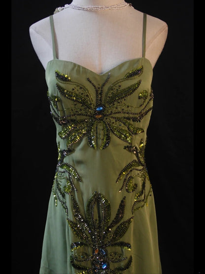 Retro 1950s A Line Spaghetti Straps Olive Green Chiffon With Beads Long Prom Dresses Inspo 21st Birthday Outfit Formal Gown AS412