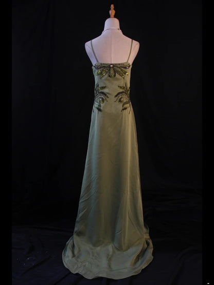 Retro 1950s A Line Spaghetti Straps Olive Green Chiffon With Beads Long Prom Dresses Inspo 21st Birthday Outfit Formal Gown AS412