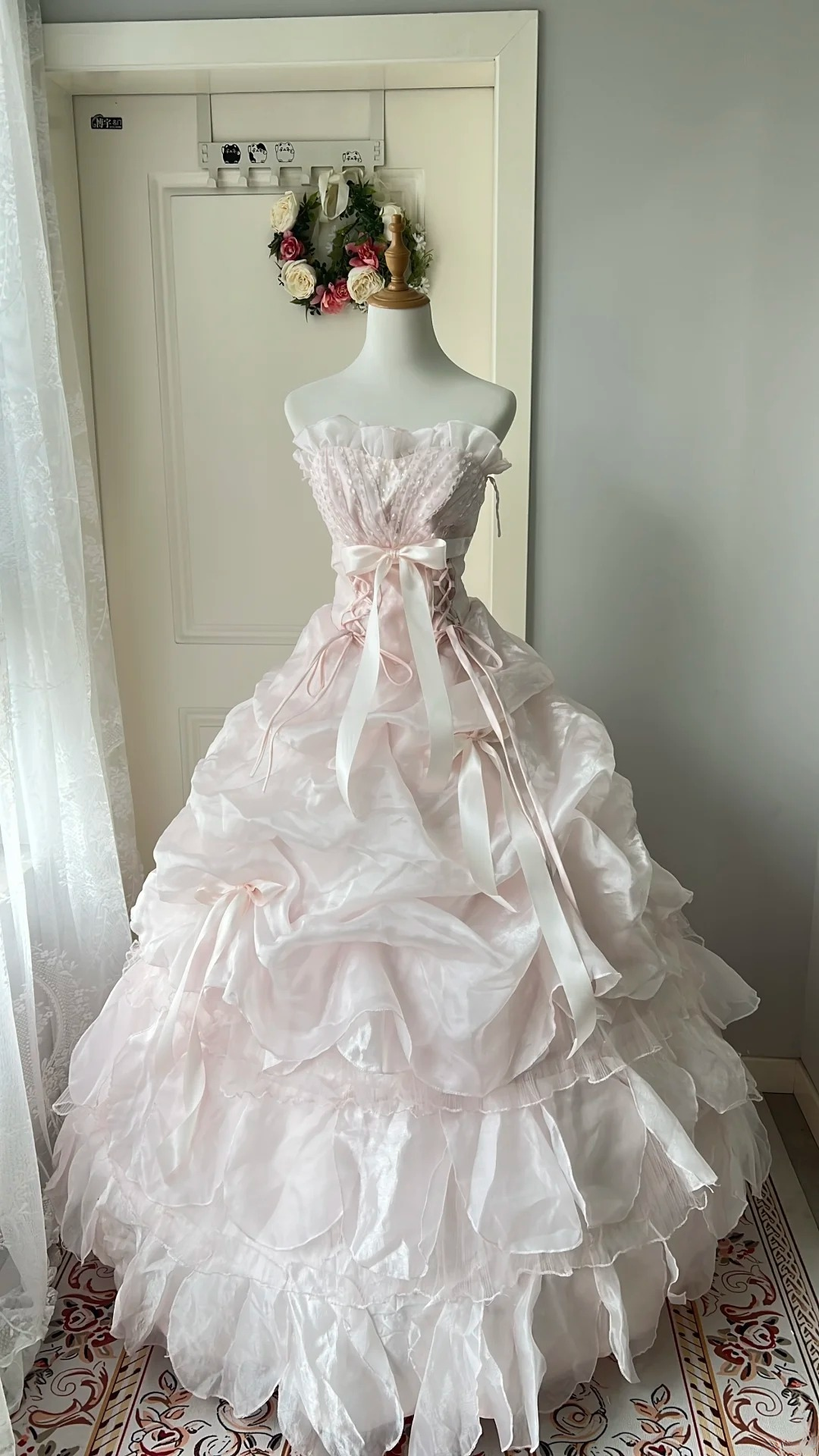 Sweet 15 Quinceanera Dresses Ball Gown Strapless Light Pink With Tiered Layers Long 16th Birthday Dress RC0733