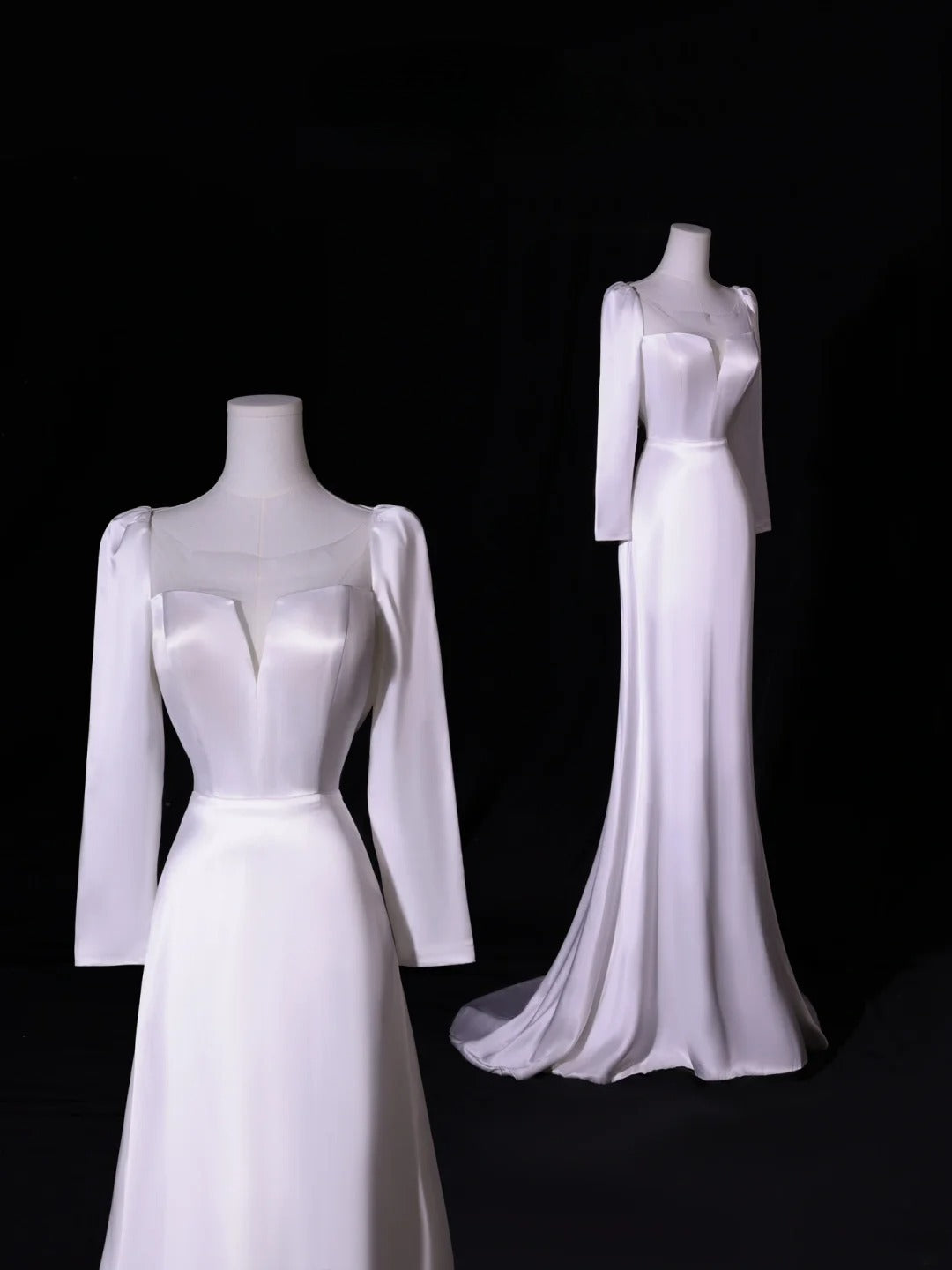 Simple Long Wedding Dresses A Line Square Neck Long Sleeves Silky Satin Style For Brides White Fitted Bridal Dresses AS413