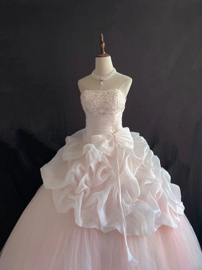 Princess Vibes Ball Gown Strapless Light Pink Tulle Long With Tiered Lace Quince Dress inspo Quinceanera Dresses Sweet 16 Outfit RB7867