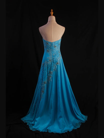 Vintage A line Strapless Blue Chiffon 1950s With Beads Bodice Long Prom Dresses Inspo Birthday Outfit Party Gown AS413