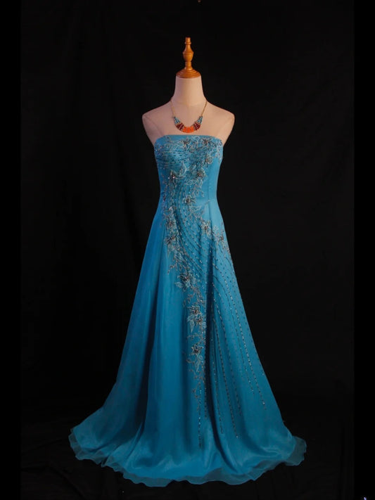 Vintage A line Strapless Blue Chiffon 1950s With Beads Bodice Long Prom Dresses Inspo Birthday Outfit Party Gown AS413