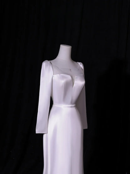 Simple Long Wedding Dresses A Line Square Neck Long Sleeves Silky Satin Style For Brides White Fitted Bridal Dresses AS413