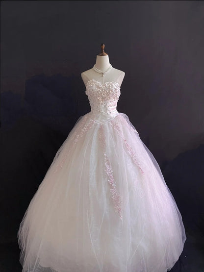 Princess Vibes Ball Gown Sweetheart Light Pink Tulle Long With 3D Flowers Lace Quince Dress inspo Quinceanera Dresses Sweet 16 Outfit RB7869