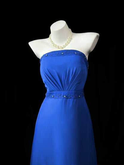 Simple Prom Dresses A line Strapless Royal Blue Chiffon With Beads Long Party Formal Outfits RB6230