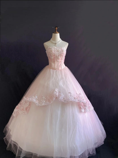 Princess Vibes Ball Gown Strapless Blush Pink Tulle Long With Pearls Lace Quince Dress inspo Quinceanera Dresses Sweet 16 Outfit RB7870
