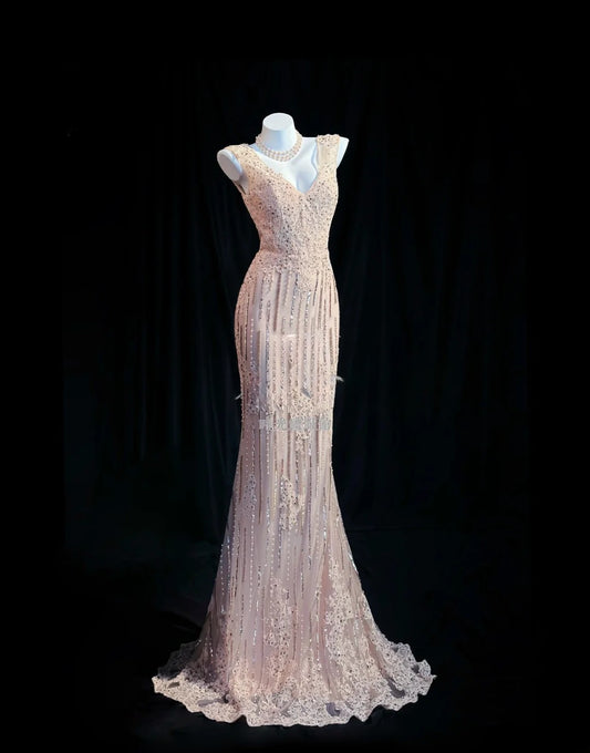 Vintage Prom Dresses Mermaid V Neck Light Pink Lace 1950s Retro Classy Party Formal Outfits RB6232