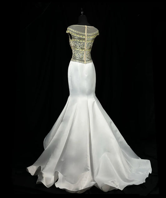 Sparkly Prom Dresses Mermaid Scoop Neck White Satin Tulle With Beads Long Party Formal Outfits RB6233