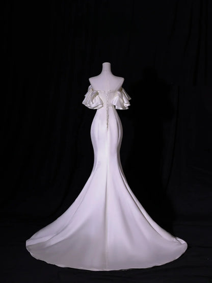 Simple Long Wedding Dresses Mermaid Off The Shoulder With Short Sleeves Silky Satin Style For Brides White Fitted Bridal Dresses AS417