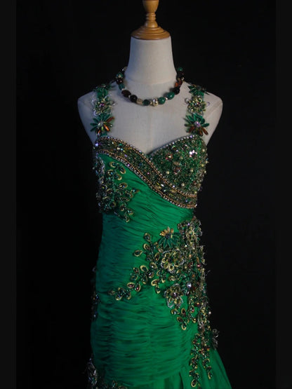 Vintage Mermaid Sweetheart Green Chiffon 1950s With Pleated Ruffled Beaded Bodice Long Prom Dresses Inspo Birthday Outfit Formal Gown AS417