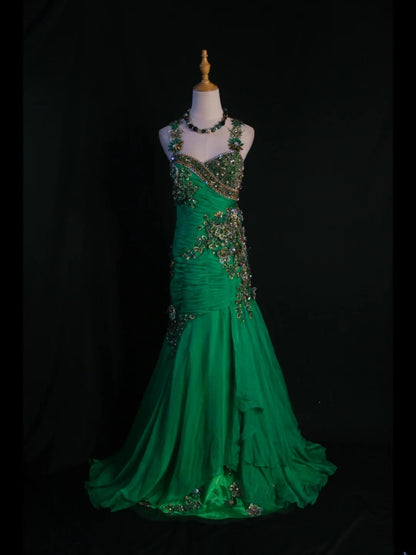 Vintage Mermaid Sweetheart Green Chiffon 1950s With Pleated Ruffled Beaded Bodice Long Prom Dresses Inspo Birthday Outfit Formal Gown AS417
