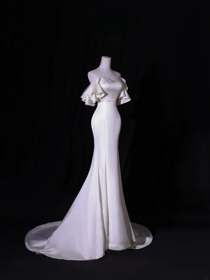 Simple Long Wedding Dresses Mermaid Off The Shoulder With Short Sleeves Silky Satin Style For Brides White Fitted Bridal Dresses AS417