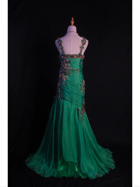 Vintage Mermaid Sweetheart Green Chiffon 1950s With Pleated Ruffled Beaded Bodice Long Prom Dresses Inspo Birthday Outfit Formal Gown AS417