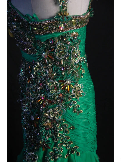 Vintage Mermaid Sweetheart Green Chiffon 1950s With Pleated Ruffled Beaded Bodice Long Prom Dresses Inspo Birthday Outfit Formal Gown AS417