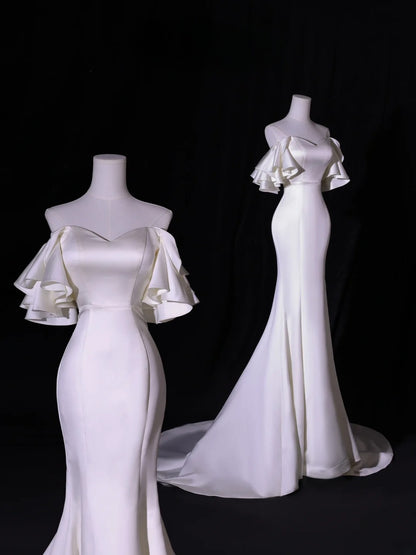 Simple Long Wedding Dresses Mermaid Off The Shoulder With Short Sleeves Silky Satin Style For Brides White Fitted Bridal Dresses AS417
