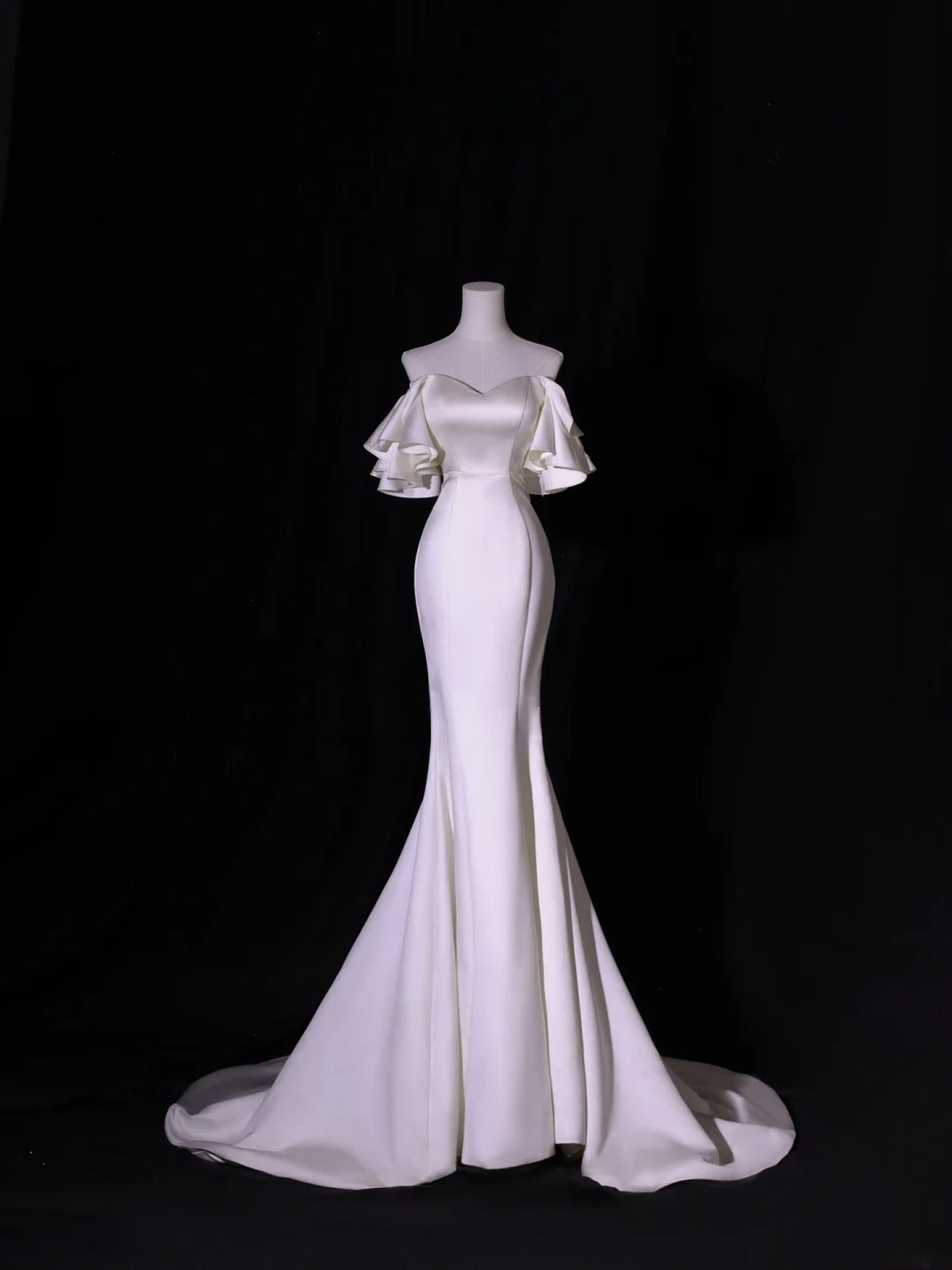Simple Long Wedding Dresses Mermaid Off The Shoulder With Short Sleeves Silky Satin Style For Brides White Fitted Bridal Dresses AS417