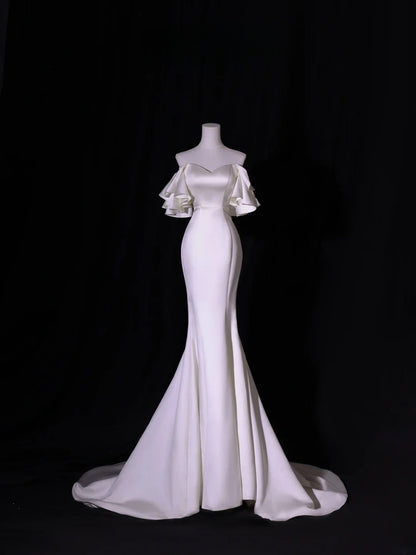Simple Long Wedding Dresses Mermaid Off The Shoulder With Short Sleeves Silky Satin Style For Brides White Fitted Bridal Dresses AS417