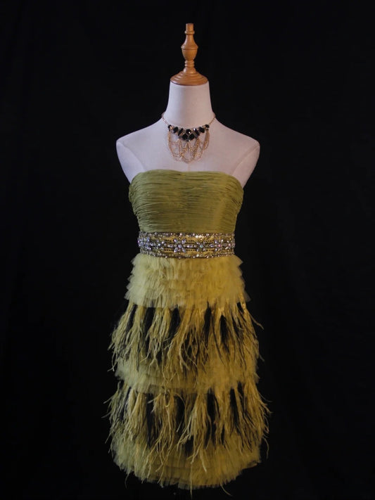 Vintage A Line Strapless Olive Green Tulle With Beads Feathers Short 16th Birthday Dress Homecoming Dresses Cocktail Gown AS418