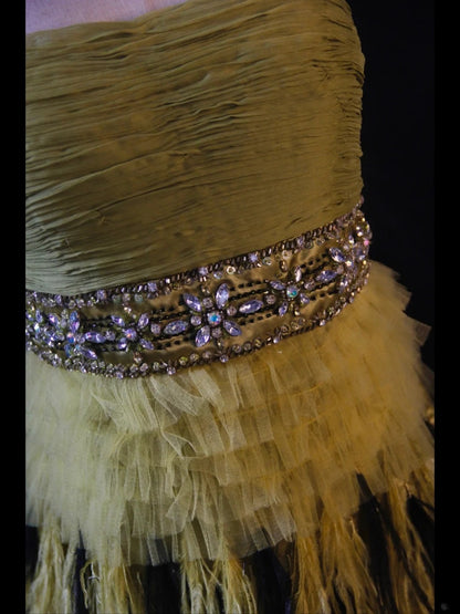 Vintage A Line Strapless Olive Green Tulle With Beads Feathers Short 16th Birthday Dress Homecoming Dresses Cocktail Gown AS418