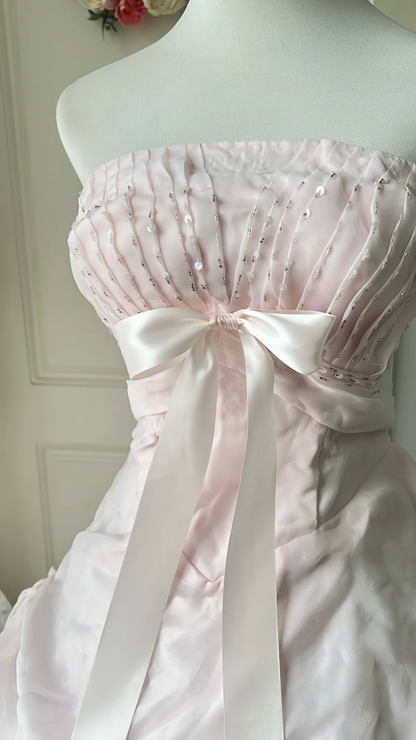 Sweet 15 Dress Quinceanera Dresses Ball Gown Strapless Light Pink With Beaded Bow Long 16th Birthday Outfits RC0738