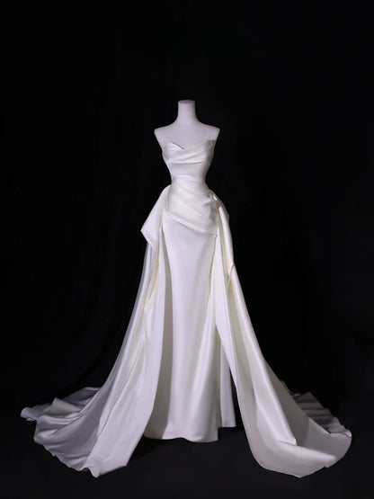 Simple Long Wedding Dresses Mermaid White Mermaid Satin Pleats Wedding Dress Silky Satin Style For Brides Fitted Bridal Gowns AS418