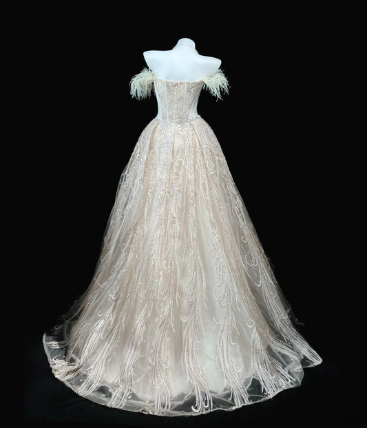 Charming Prom Dresses Ball Gown Off The Shoulder White Tulle With Feather Night Evening Formal Outfits RB6234