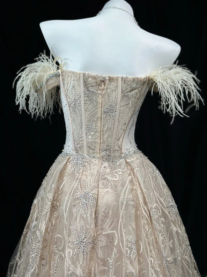Charming Prom Dresses Ball Gown Off The Shoulder White Tulle With Feather Night Evening Formal Outfits RB6234