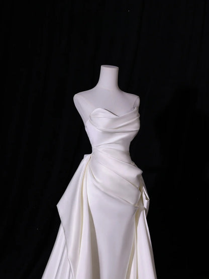 Simple Long Wedding Dresses Mermaid White Mermaid Satin Pleats Wedding Dress Silky Satin Style For Brides Fitted Bridal Gowns AS418